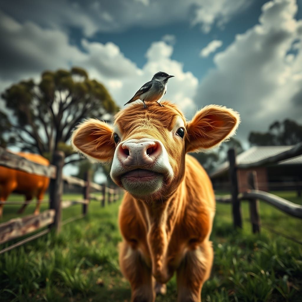 Baby Cow and Willie Wagtail in Australia
