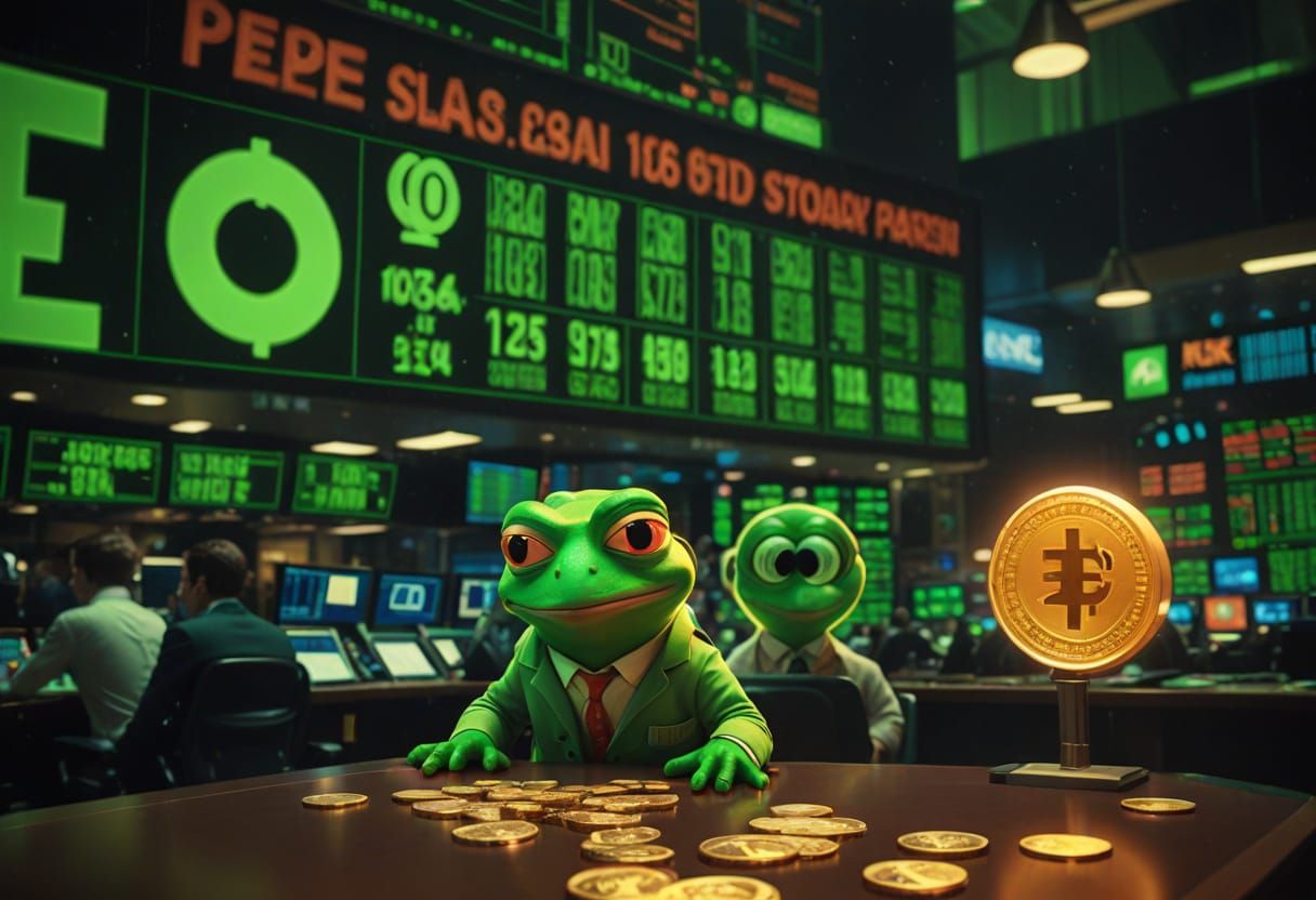 Pepe at Stock Exchange with Memecoin Symbols