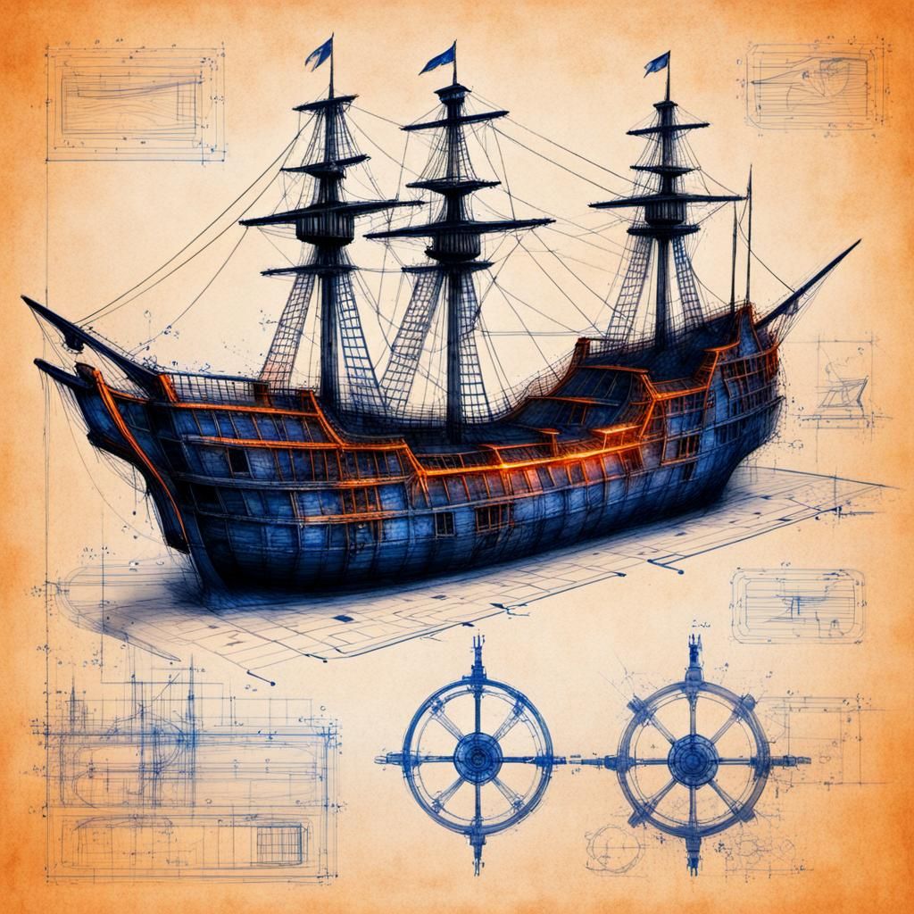 Pirate Ship Blueprint Sketch in Grunge Style