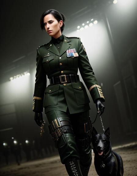 Female Military Officer Walking Police Dogs, Hyperrealistic