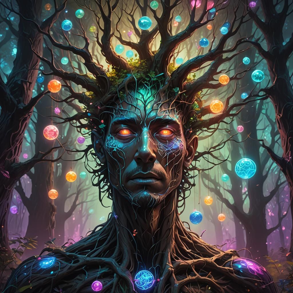 Ethereal Tree in Mystical Neon Forest