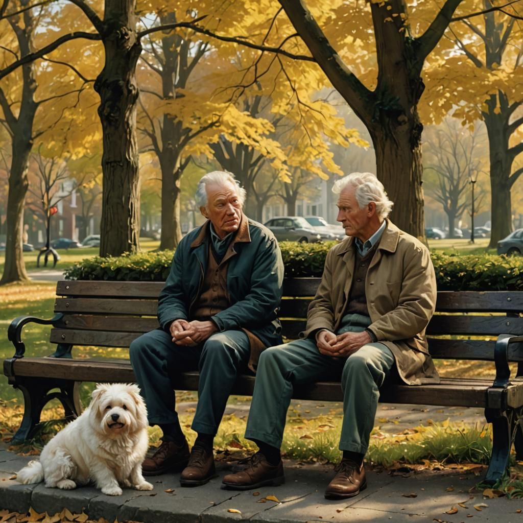 Men on Park Bench with Dog in Realistic Style
