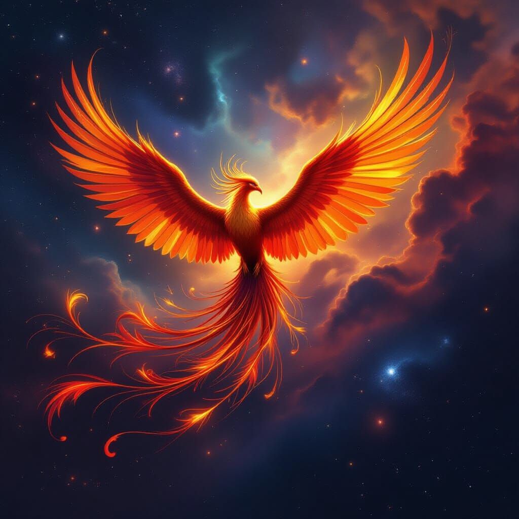 Majestic Phoenix of Gold and Fire Soars Through Cosmic Nebul...