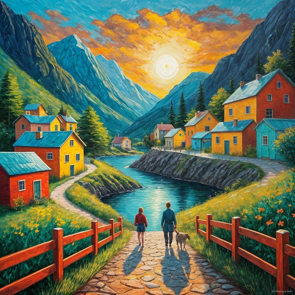 Vibrant Mountain Village Surrounded by Turquoise Lake