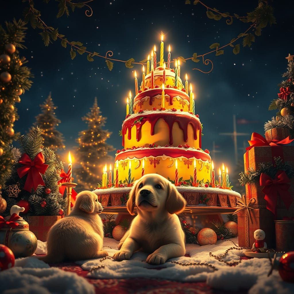 Golden Retriever Puppy Surrounded by Vibrant Christmas Decor...