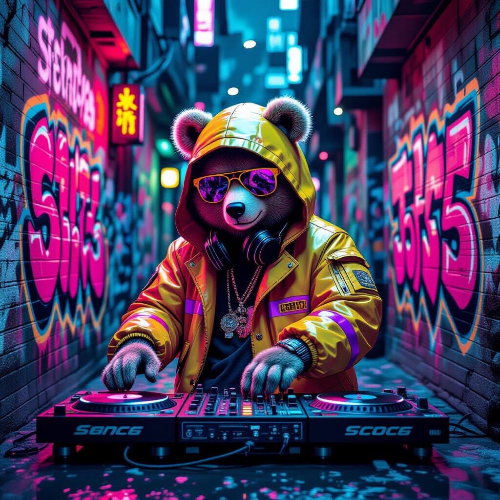 Neon Gummy Bear DJ in Cyberpunk Alleyway