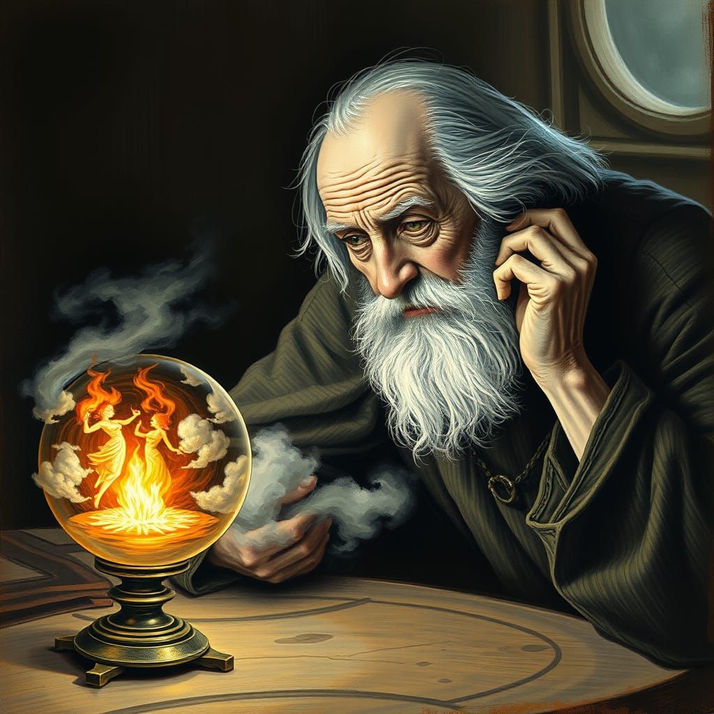 An Old Man Sees Witches Dancing in Crystal Ball