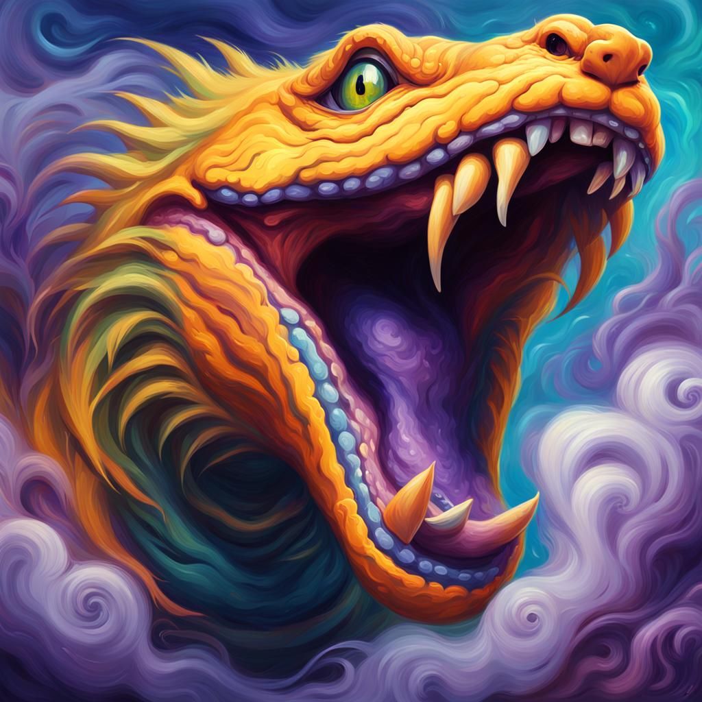 Surreal Yellow Zonker in Mystical Orange-Purple Clouds