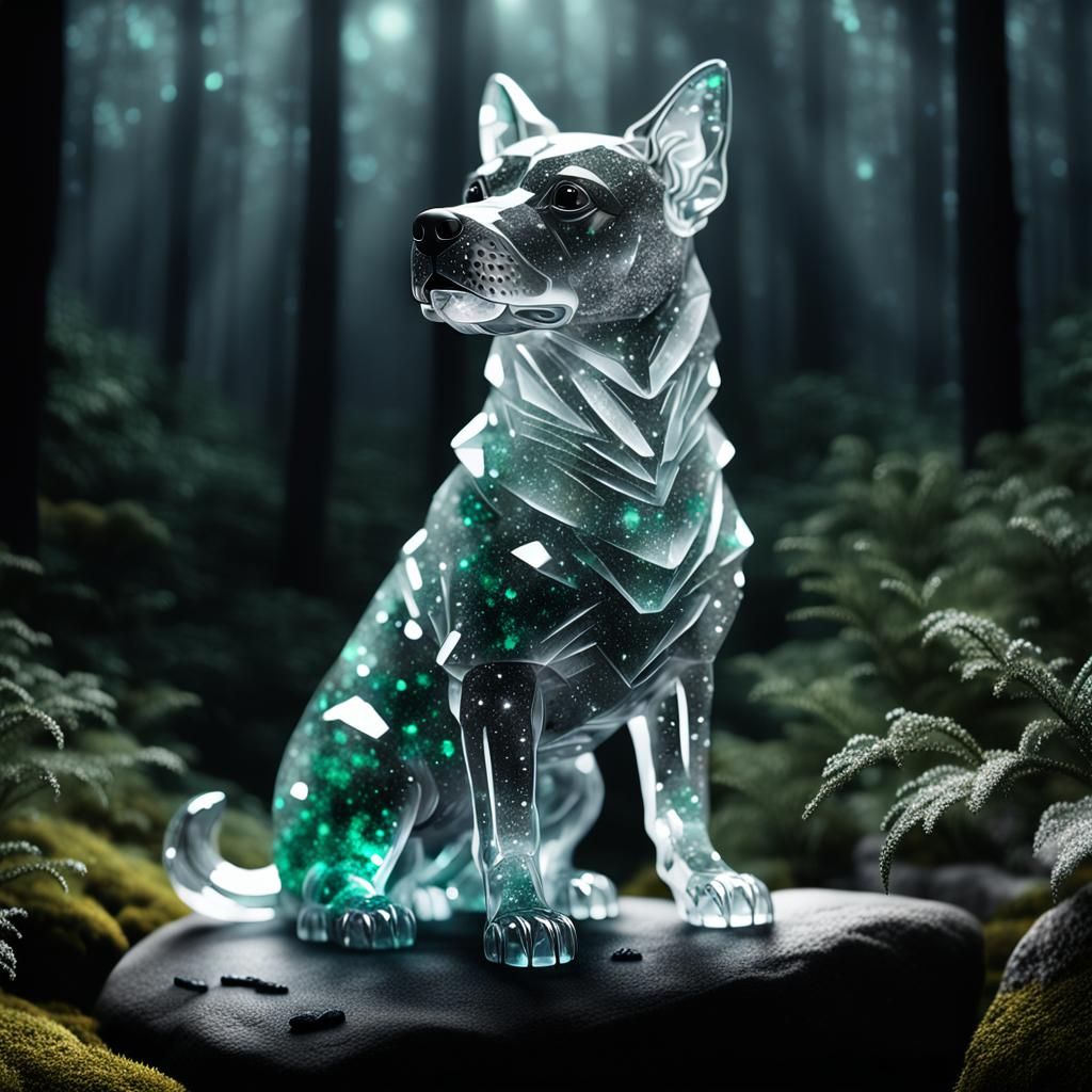 Surreal Crystal Dog Reigns Over Enchanted Night Forest in Hy...