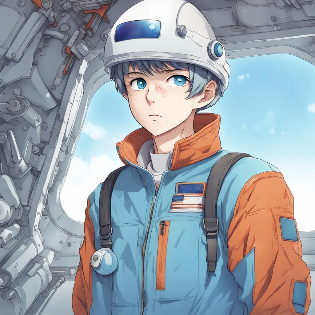boy 16 years, space engineer, utility jumpsuit, pale, shaved head, sky blue eyes, focused, distrustful, oil stains