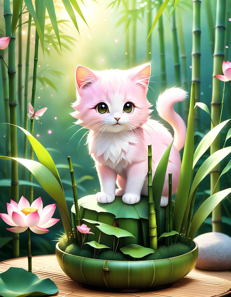 Ikebana Flower Arrangement with Kitten in Photorealistic Sty...