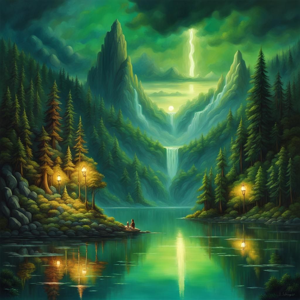 Enchanting Night Forest Reflection in Dreamy Lake