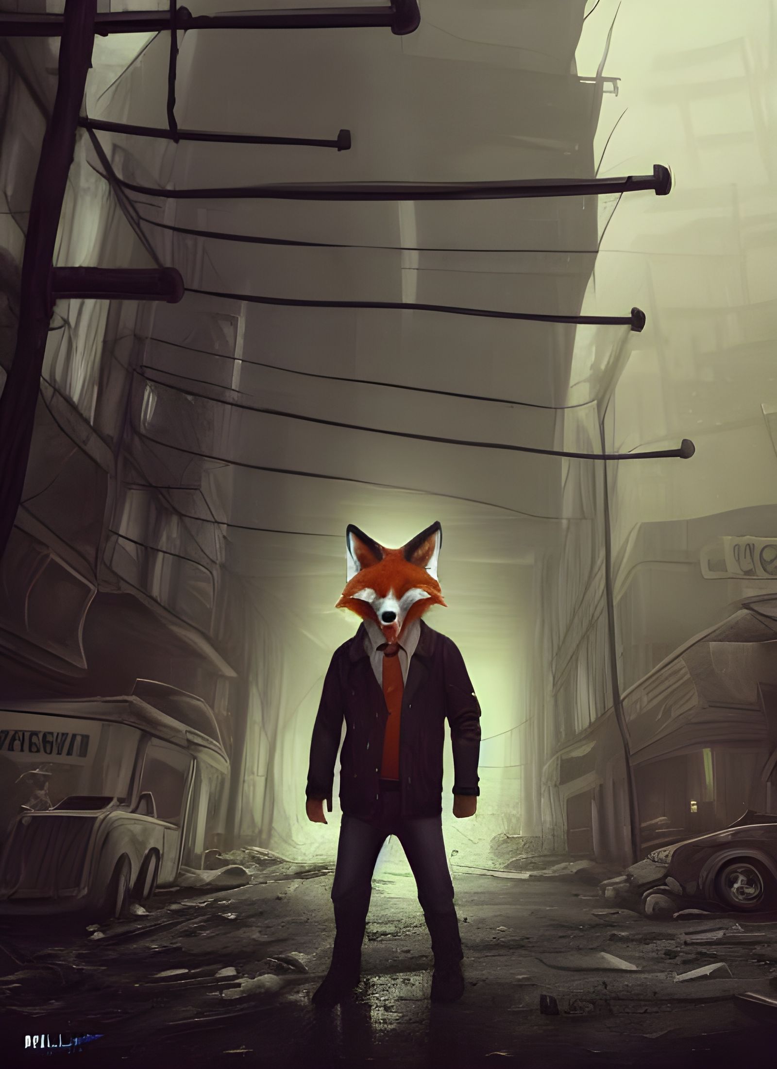 Fox-Headed Man in Post-Apocalyptic Cityscape