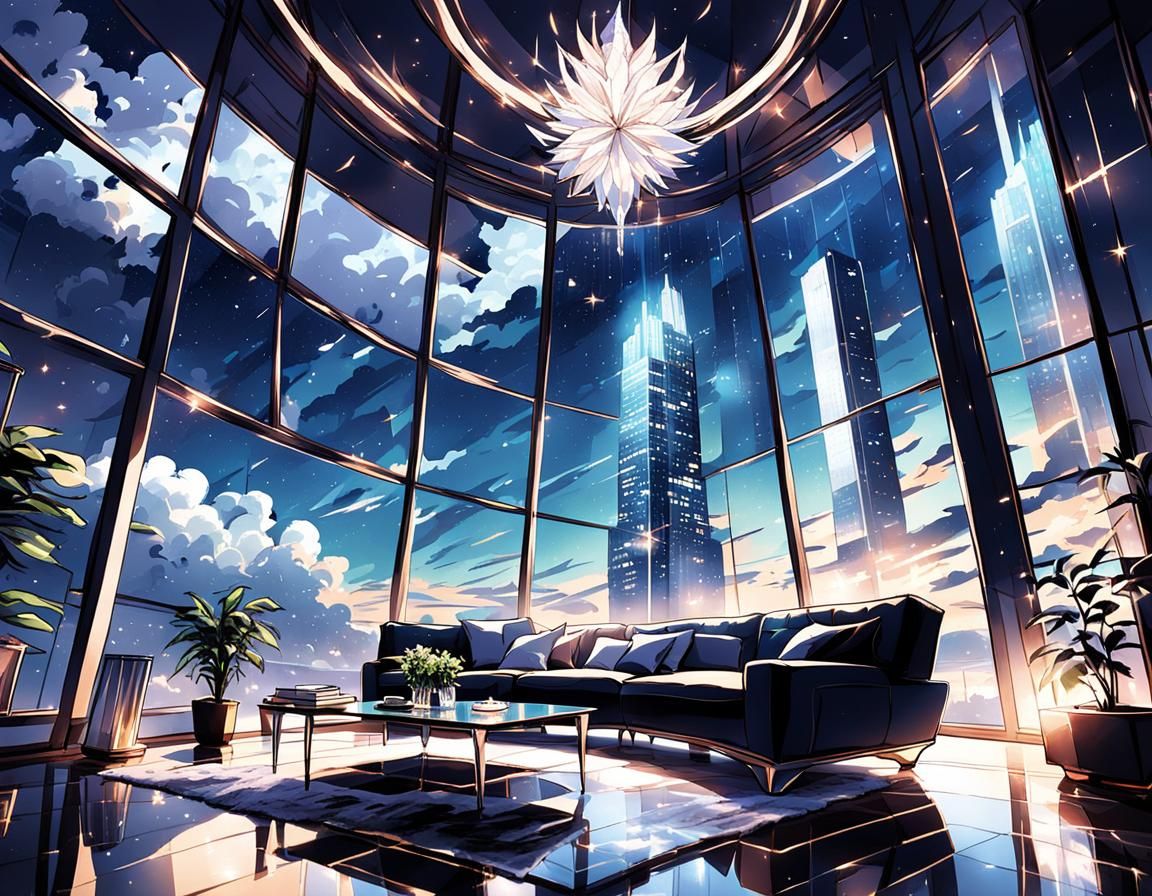 Crystal Skyscraper Living Room in Anime Art Style