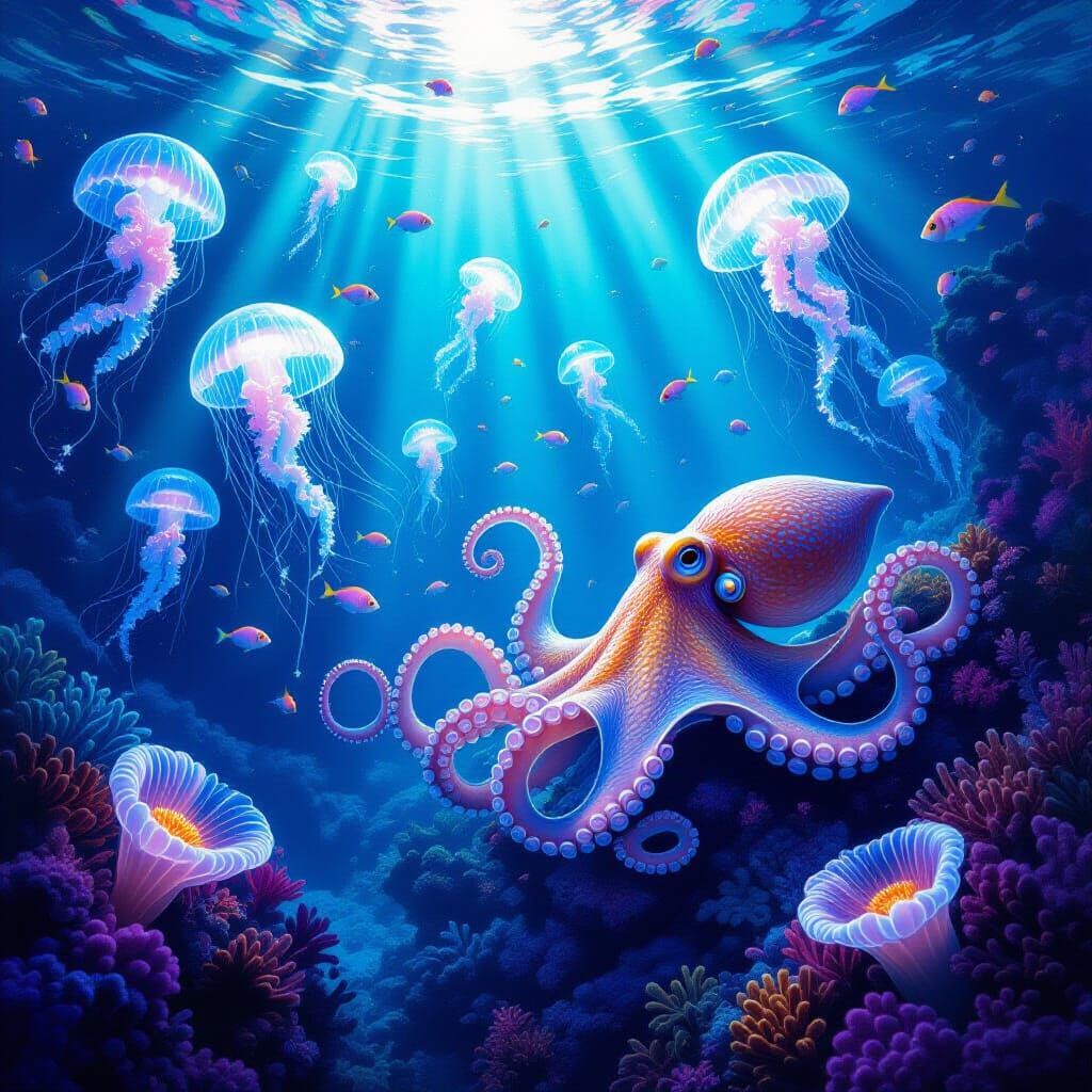 Bioluminescent Ocean Orchestra with Octopus and Jellyfish