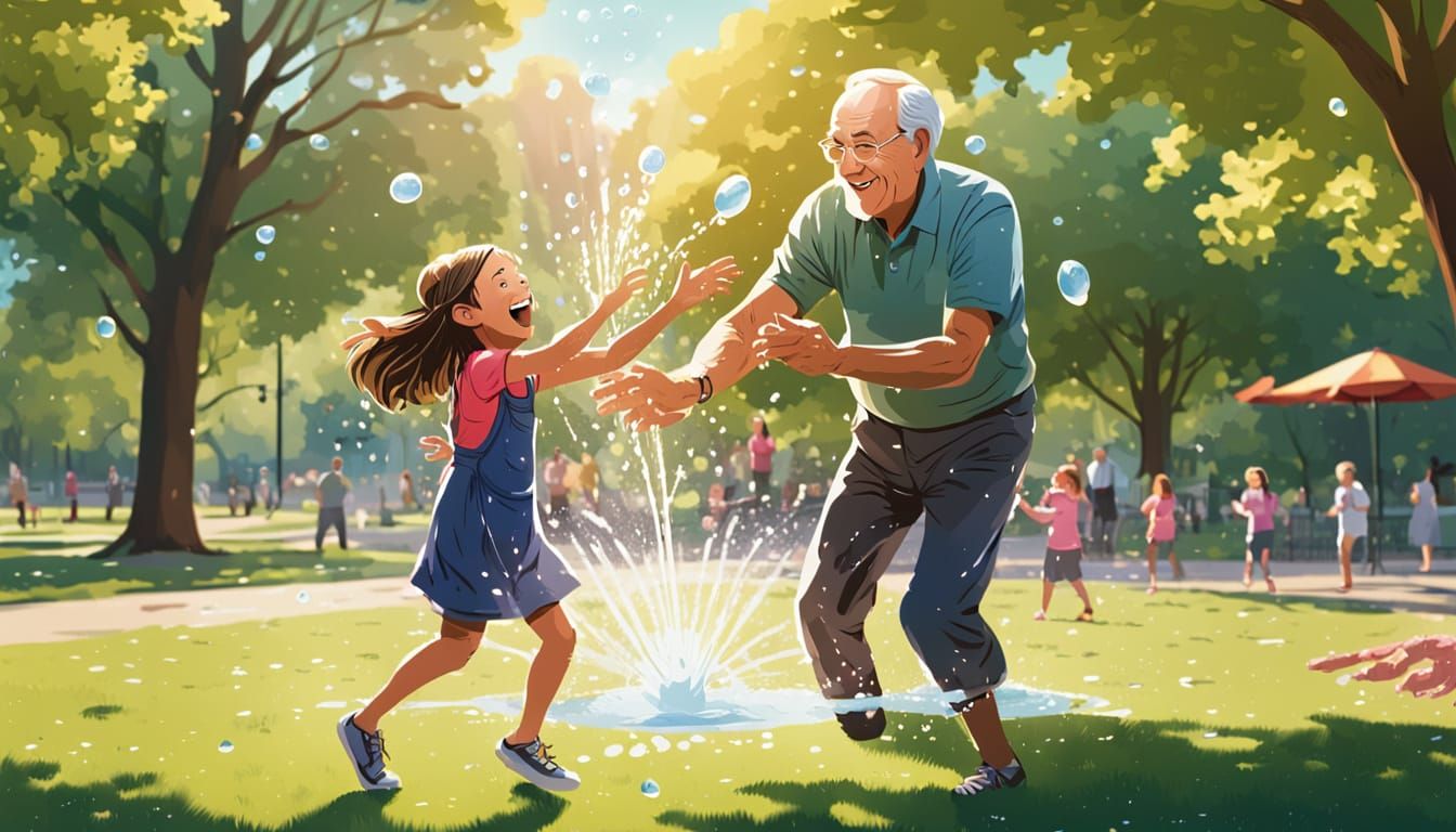 Whimsical Park Scene: Grandfather and Granddaughter Water Fi...