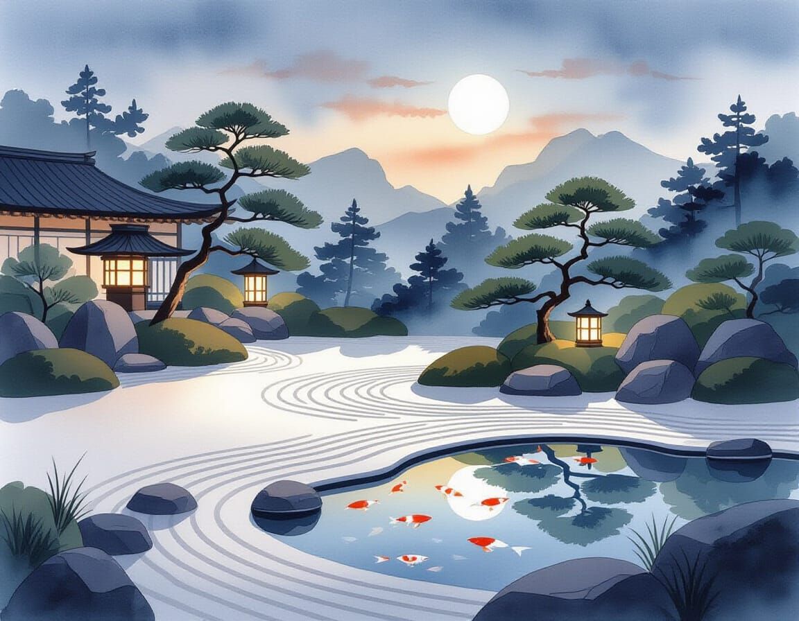 Tranquil Japanese Zen Garden at Dusk - Alcohol Ink Art