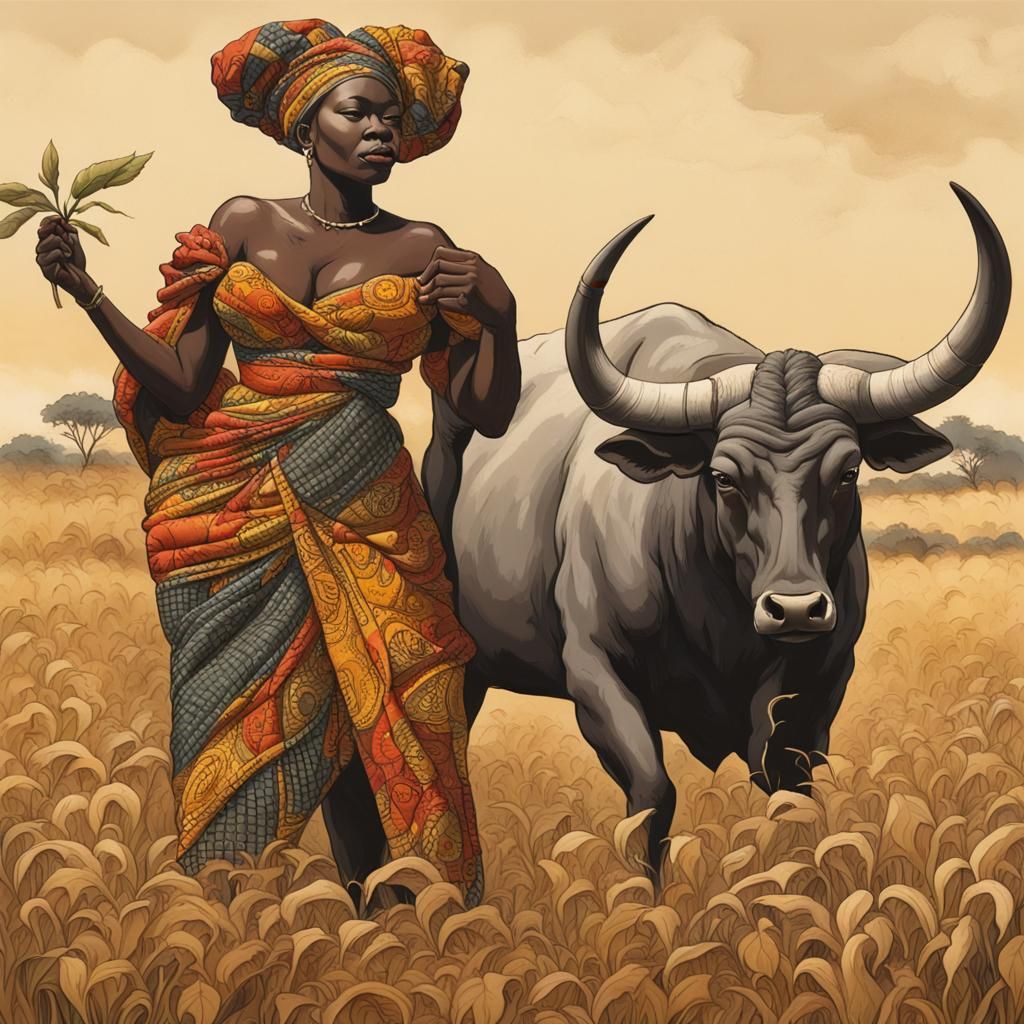 African Figure Cultivating Field with Bull