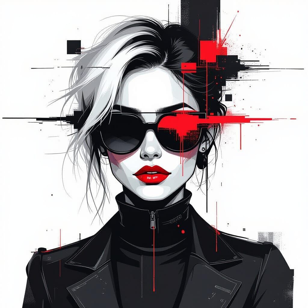 Dystopian Glitched Character Portrait in High Contrast