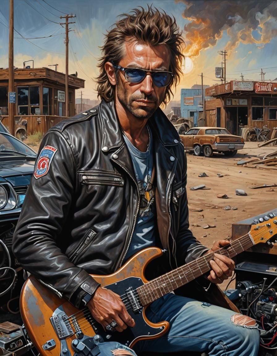 Post-Apocalyptic Rocker with Guitar in Hyper-Detailed Style