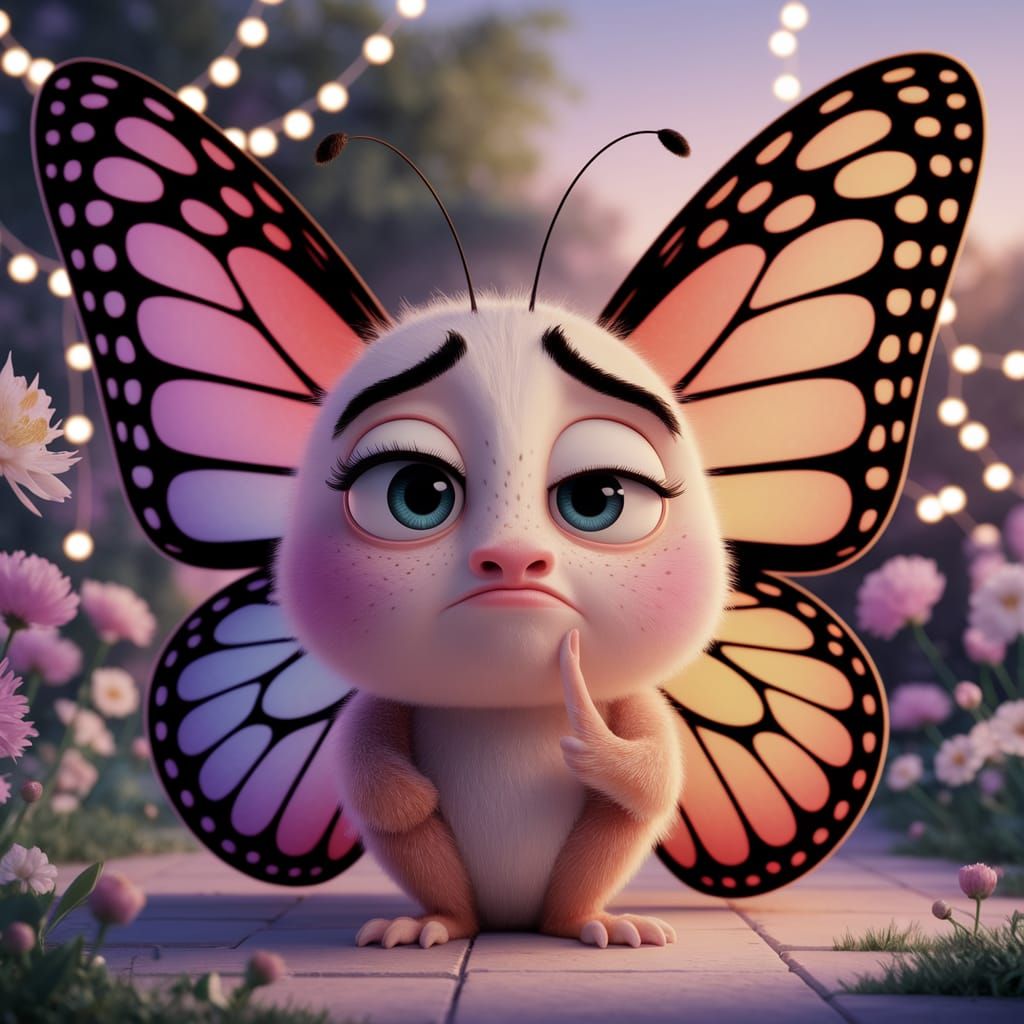 Confused Pixar Butterfly in Whimsical Garden
