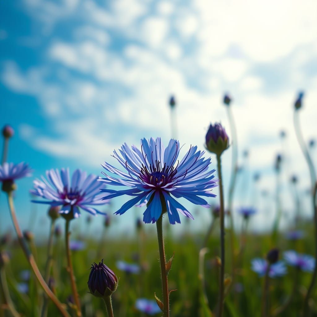 Electric Blue Fantasy Landscape with Delicate Wildflowers
