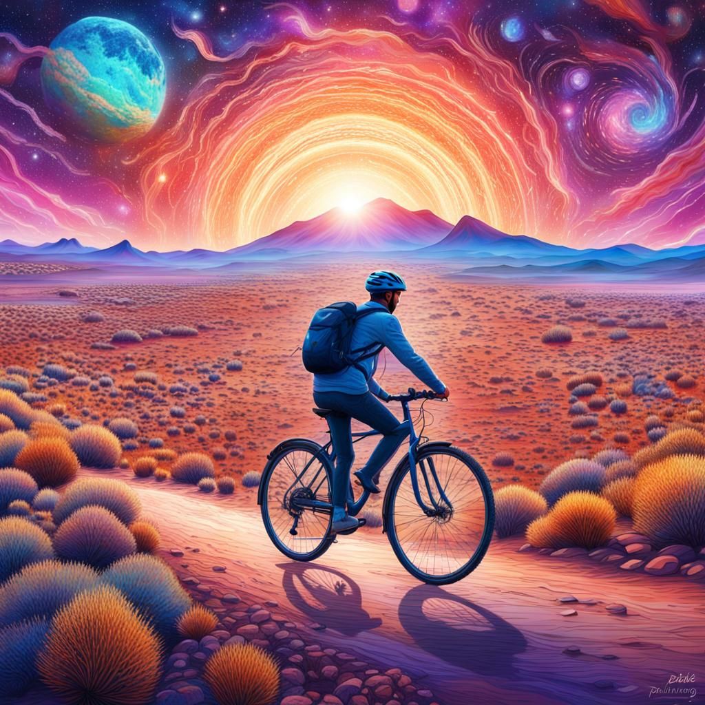 Man Cycling Through Karoo Landscape in Astral Style