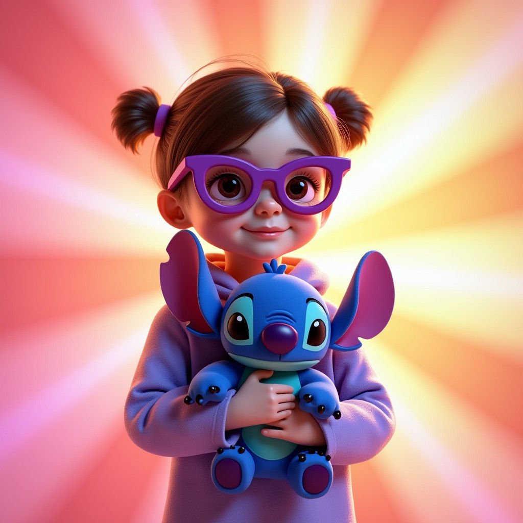 Girl in Stitch Costume with Plush Toy, Pixar-Style 3D Art