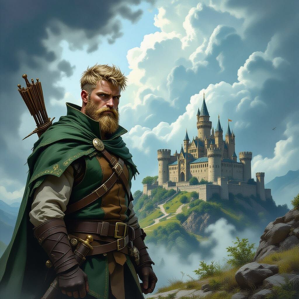 Medieval Ranger Before Castle in Stormy Fantasy Art
