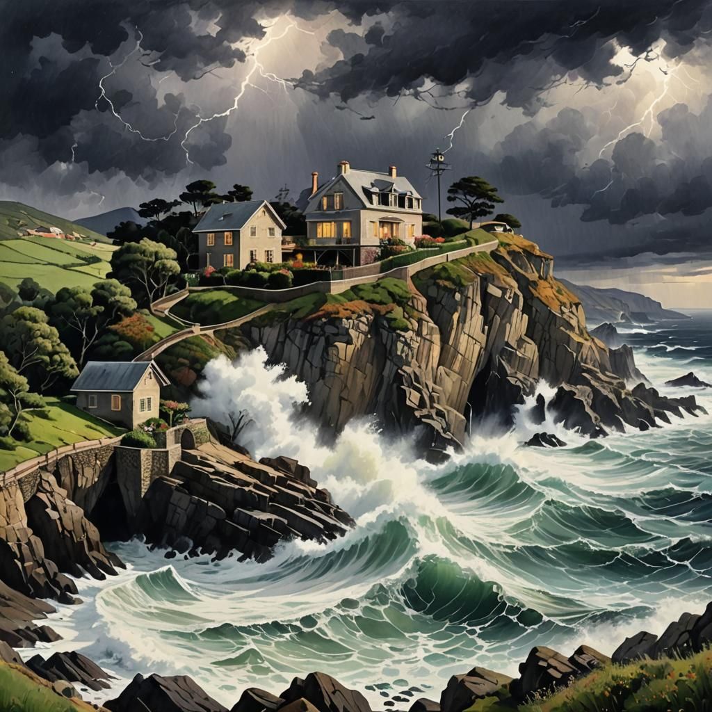 Cliffside Cottage Overwhelmed by Storm in Expressionist Wate...
