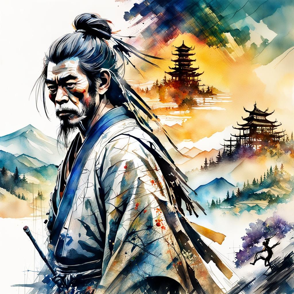 Samurai and Monkey in Spring Hills, Digital Watercolor