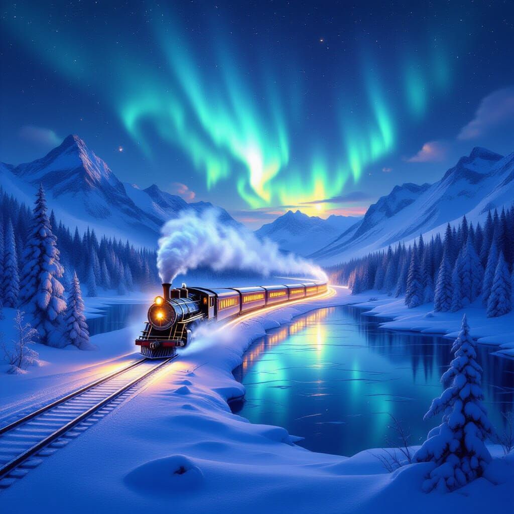 Starlight Train on Frozen Dreamscape Over Snowy Mountains