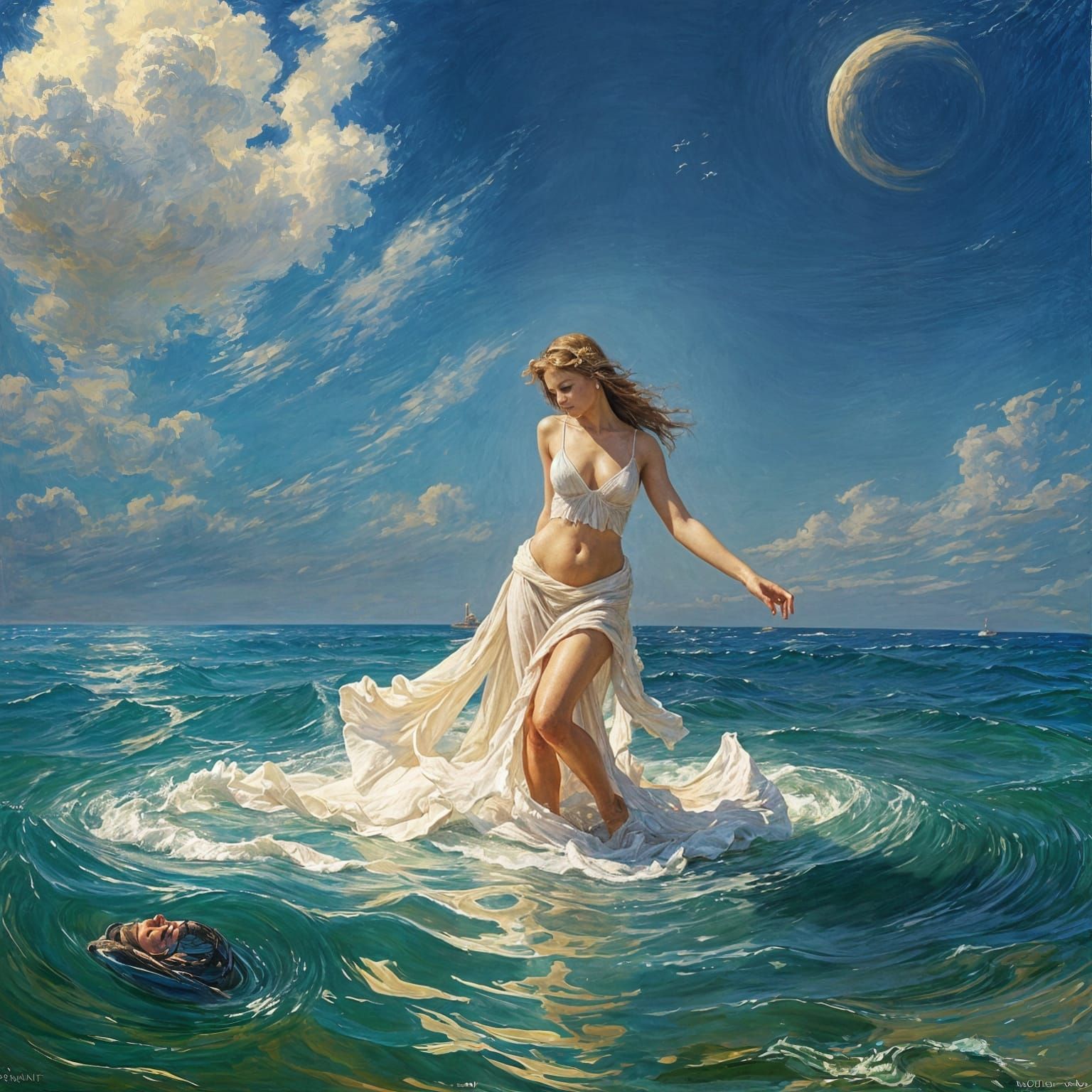 Venus Emerging from the Sea in Sorolla-Inspired Oil Painting...