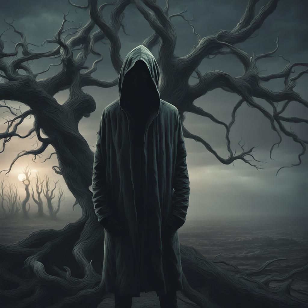 Dark Surrealism: Hooded Figure in Desolate Landscape