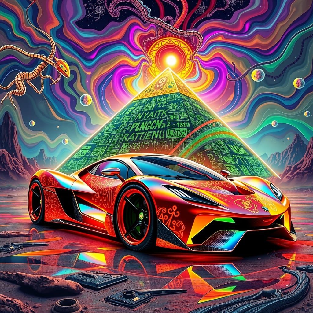 Psychedelic Supercar with Luminous Pyramid Art