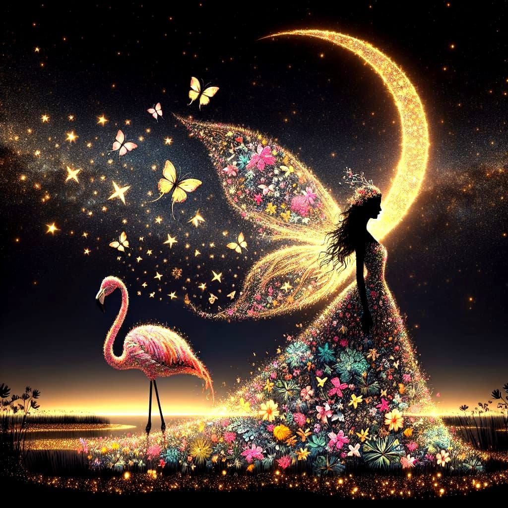 Ethereal Fairy and Flamingo in Double Exposure Style