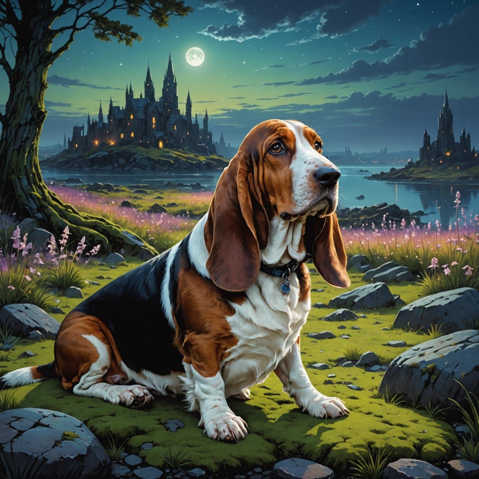 Basset Hound in Bioluminescent Field Near Cyberpunk City