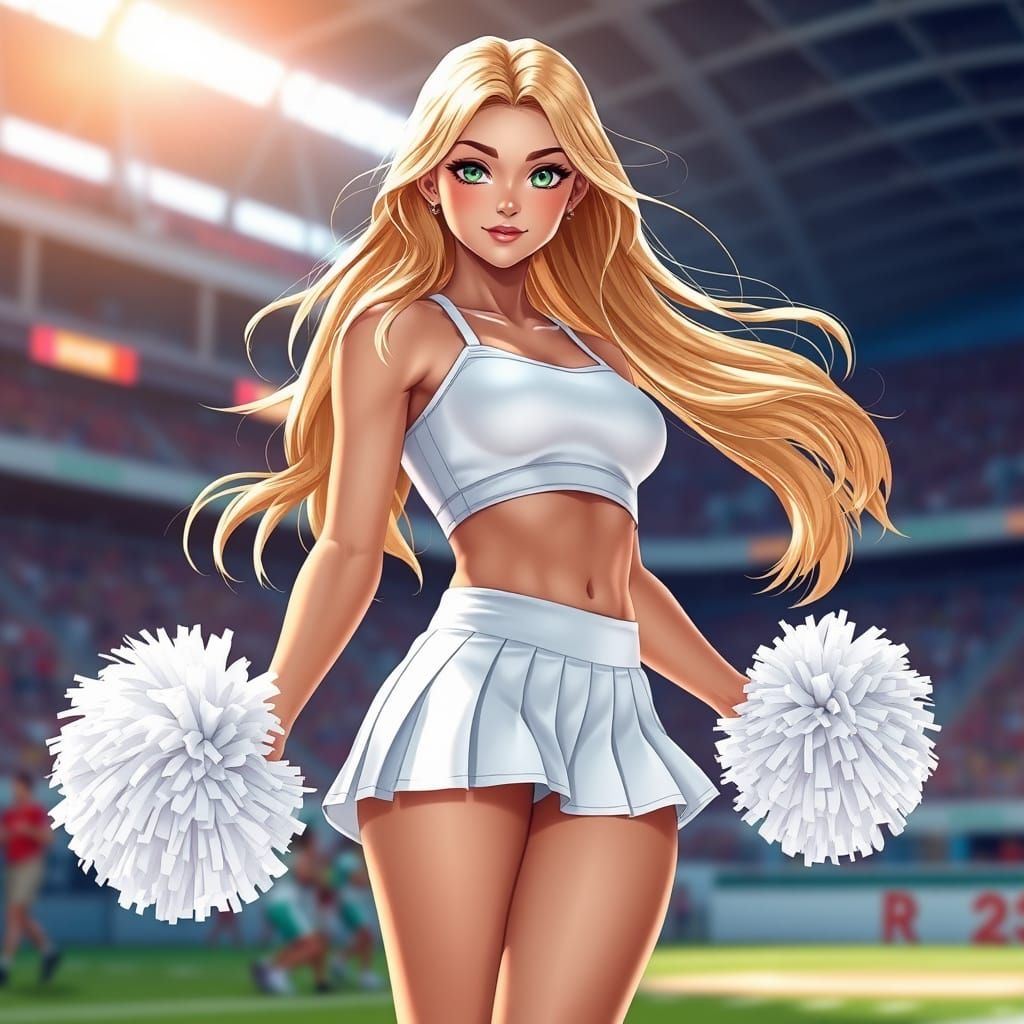 Sensual Cheerleader in Vibrant Stadium Scene, Anime Style