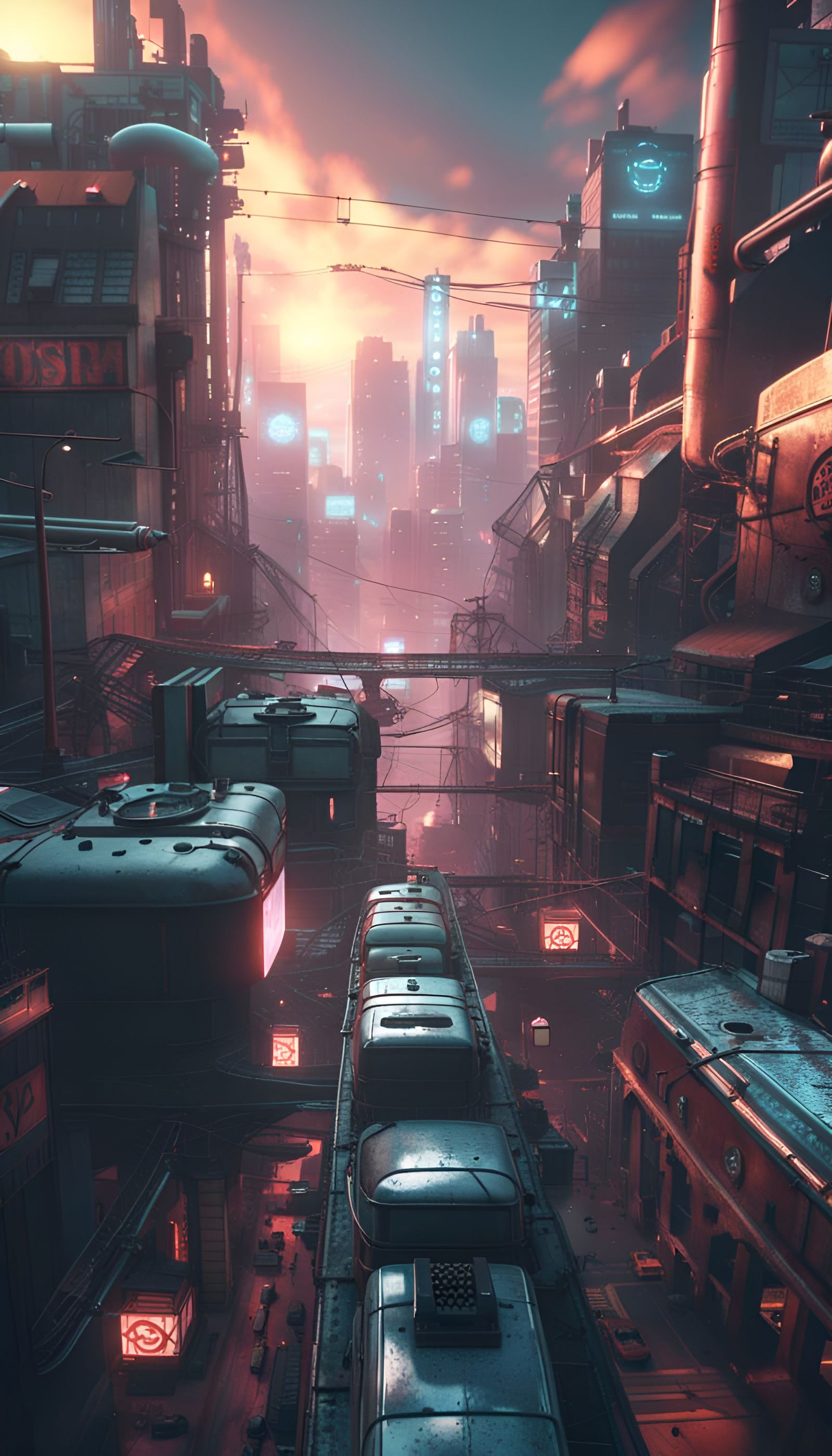 Dystopian Cityscape with Neon Signs in 3D Render