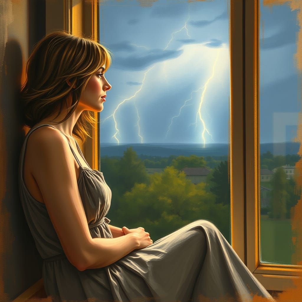 Woman Watching Lightning Storm in Impressionist Style