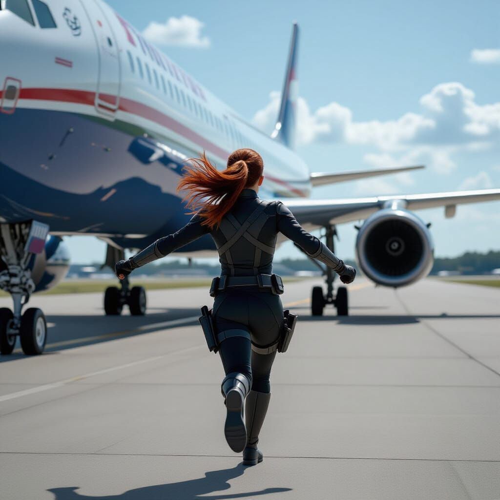 Superheroine Leaps for Departing Plane, Cinematic Style