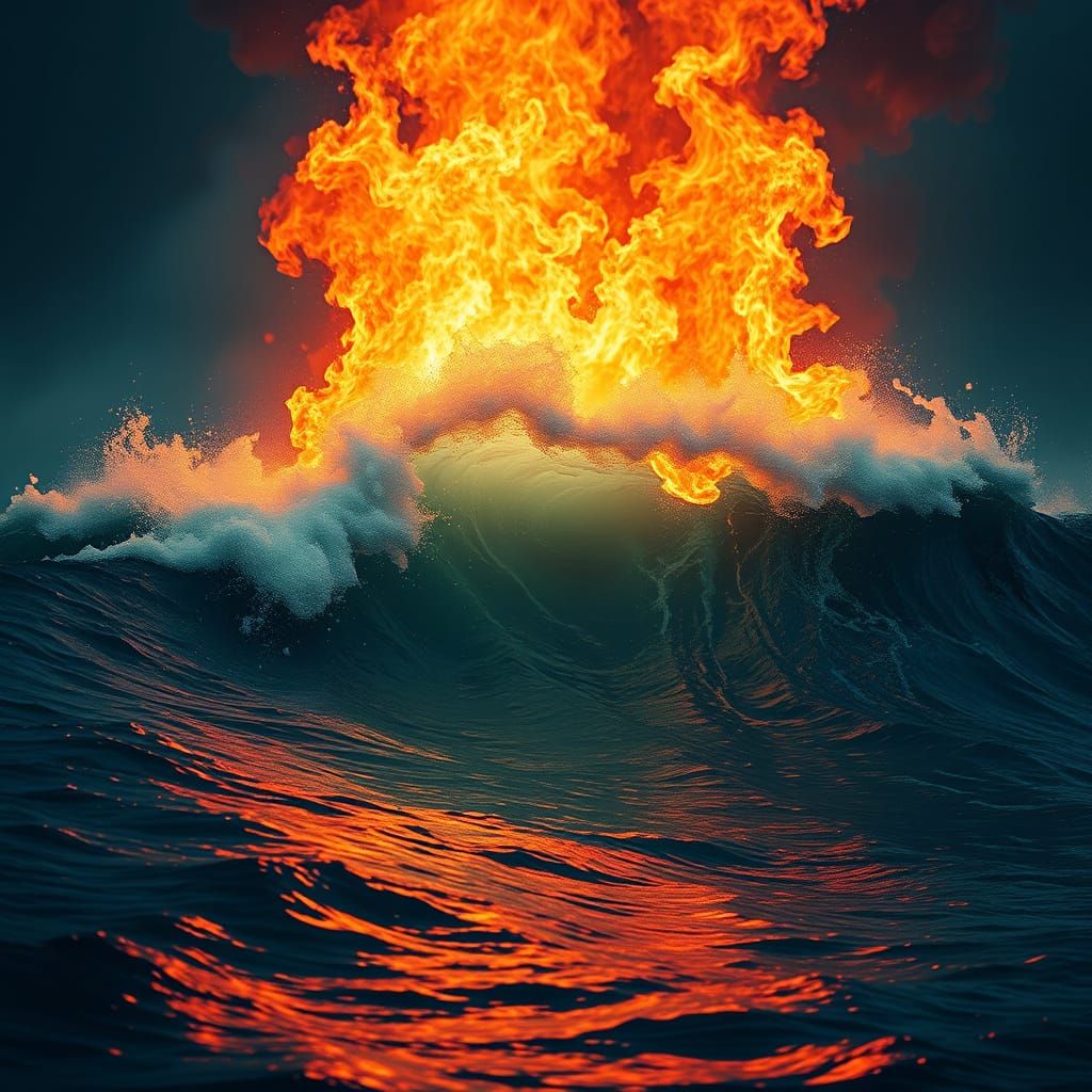 Fiery Ocean Wave in Dystopian Surreal Style