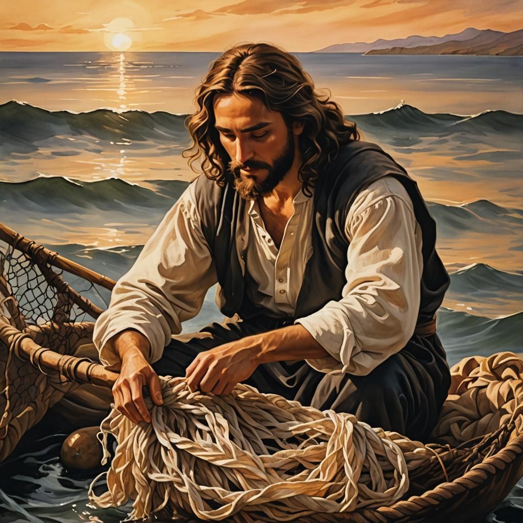 Jesus Calls Peter: Biblical Scene in Chiaroscuro Style