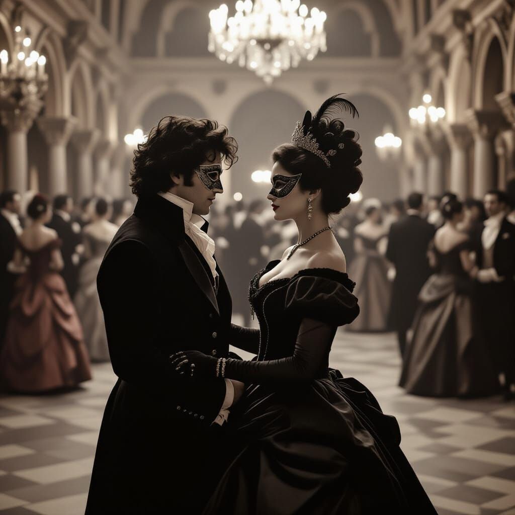 Venetian Masquerade Ball: Clandestine Meeting in Sepia Tone
