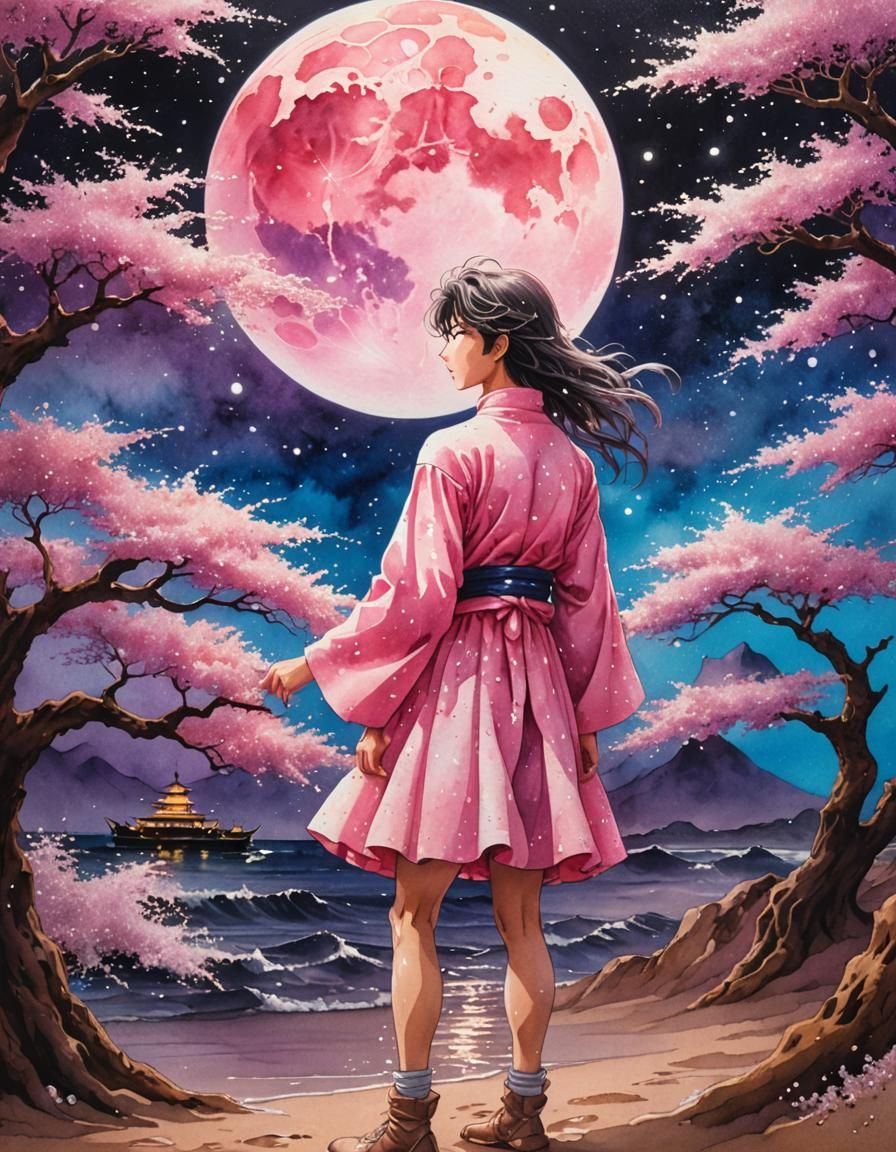 Pink Sand Creature on Magical Beach, 80s Anime Style