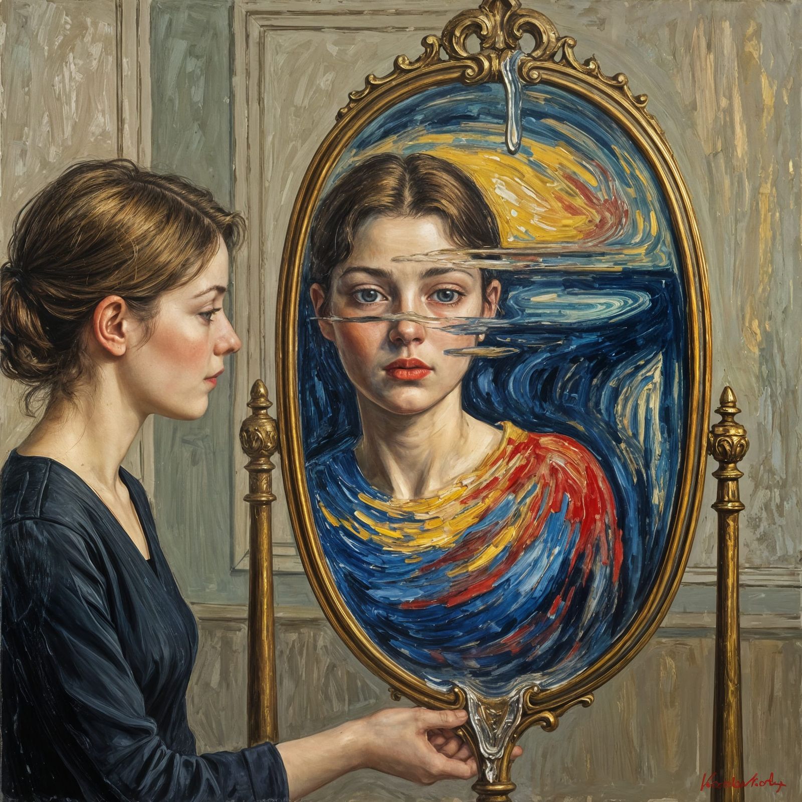 Expressionist Portrait of Woman's Inner Emotions in Mirror