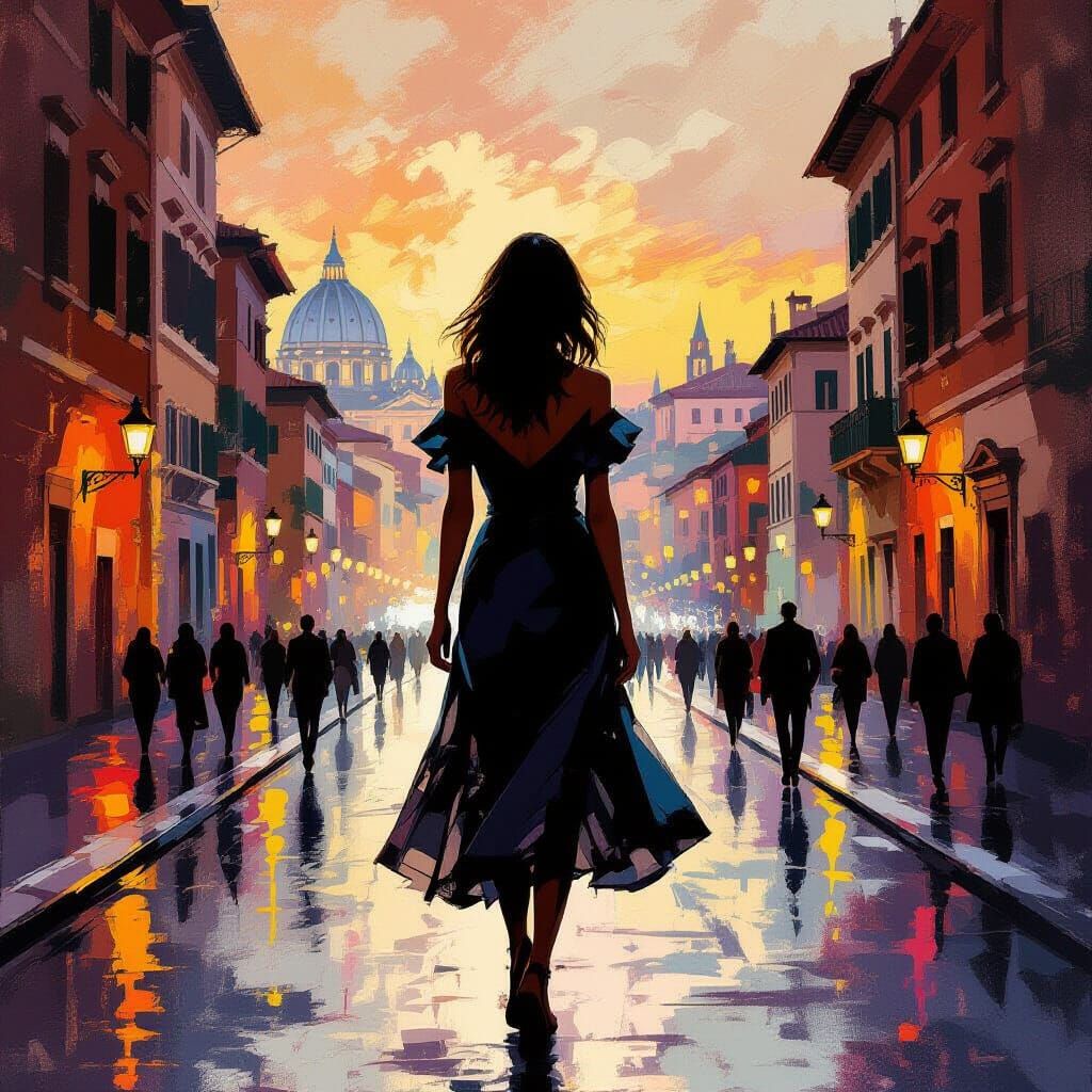 Woman Silhouetted in Vibrant Rome Streets, Impasto Style