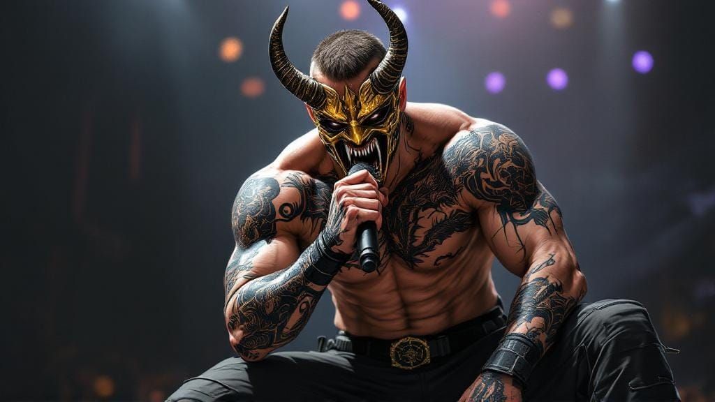 Demonic Metal Vocalist Screaming On Stage, in Anime Style