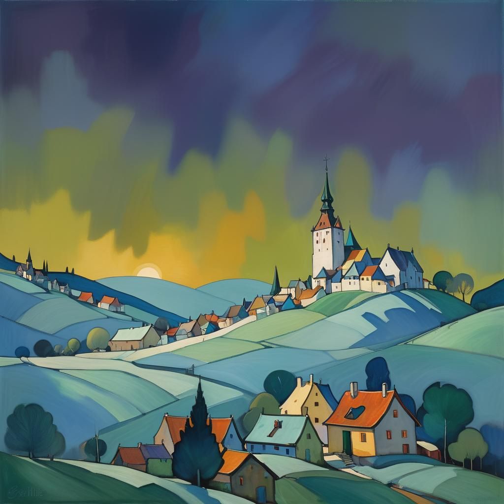 Expressionist Village with Dramatic Lighting