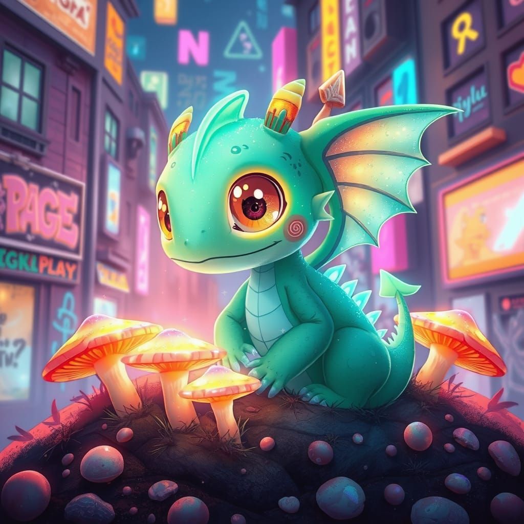 Bioluminescent Dragon Hatchling in Cyberpunk Cityscape
